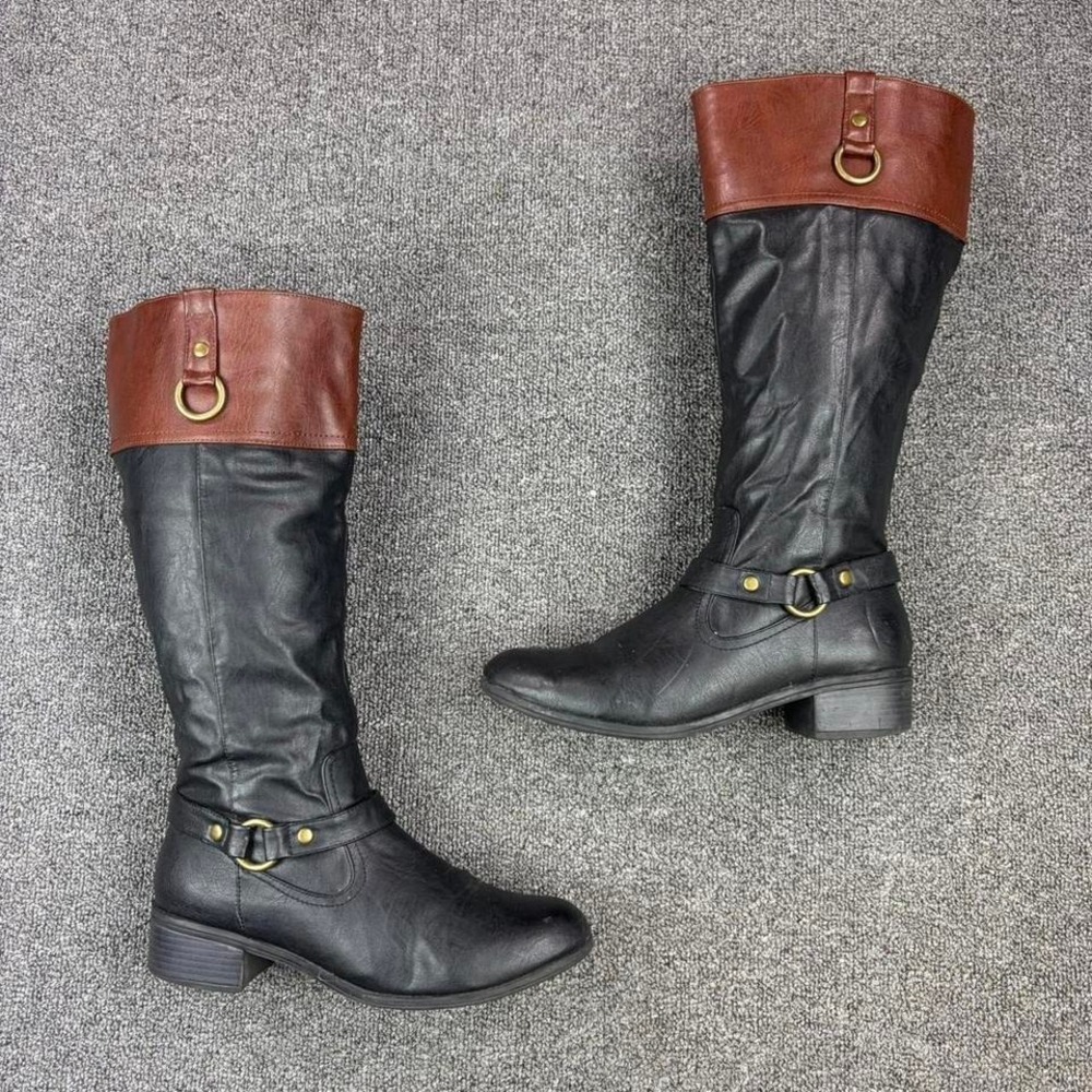Women's Black and Brown Knee High Harness Buckle Strap Side‎ Zip Tall Boots